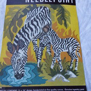 Vtage Elsa Williams zebra needlepoint kit printed canvas yarn instructions 1970s
